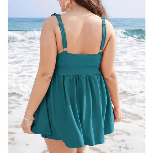 Bloomchic SZ 26 Ruffle Trim Adjustable Strap Gathered Sculpt Waist Swim Dress - Picture 2 of 16